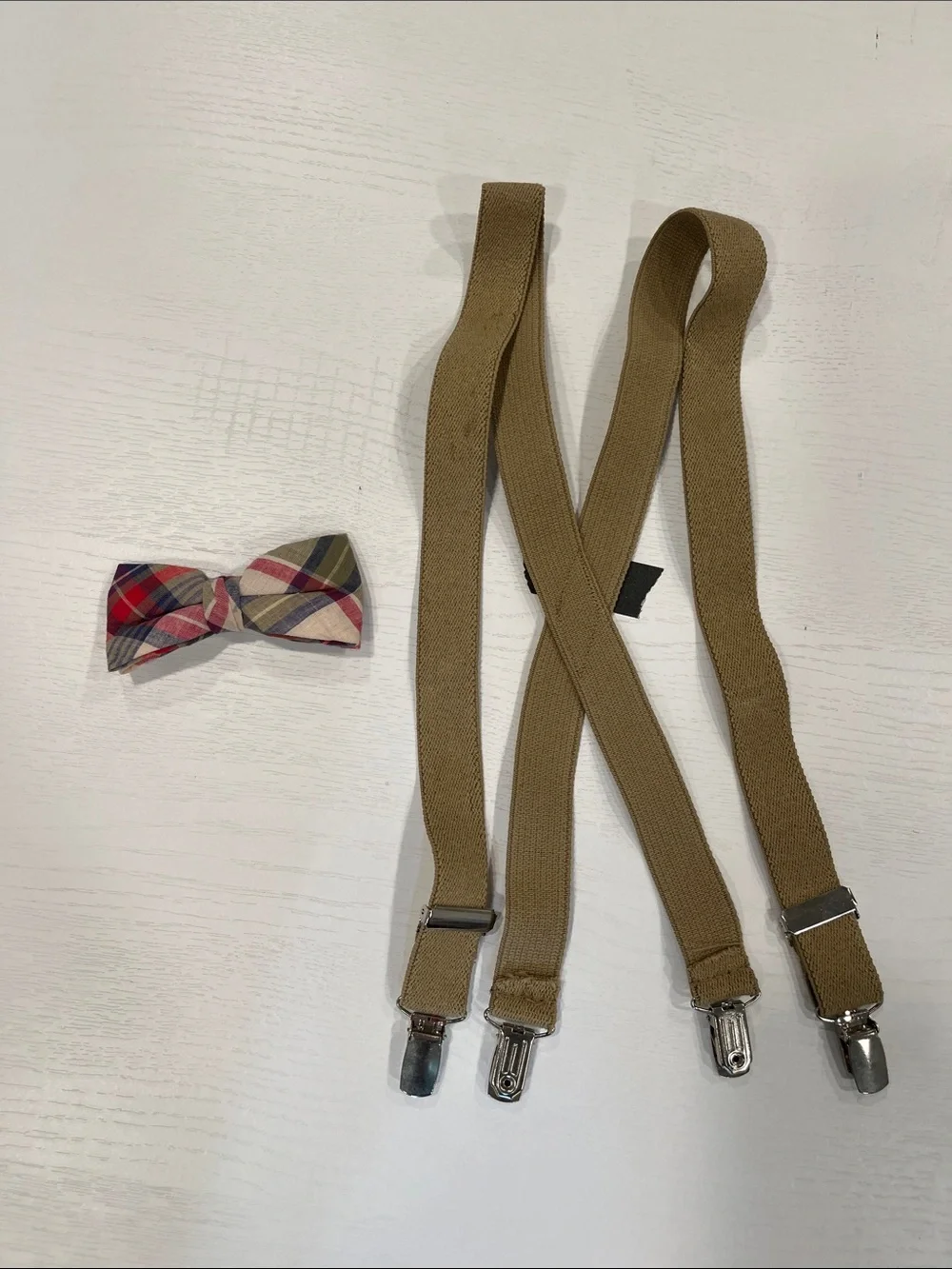 Khaki Elastic Suspenders with Plaid Bow Tie